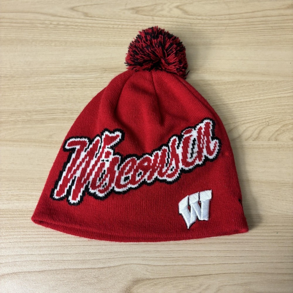 Wisconsin Badgers Hat Beanie Mens Red White NCAA College Pom Knit New Era